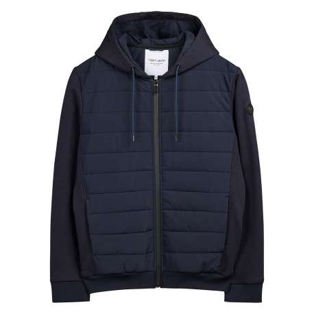 Gilet marine uni avec une coupe droite et un col à capuche