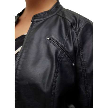 Blouson noir coupe ajustée pourvu d'un col montant et d'une fermeture zippée - Image 5