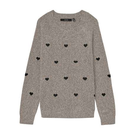 Pull taupe à motifs coupe ajustée col rond et à manches longues