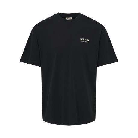 T-shirt en coton biologique noir à imprimé avec une coupe droite et un col rond