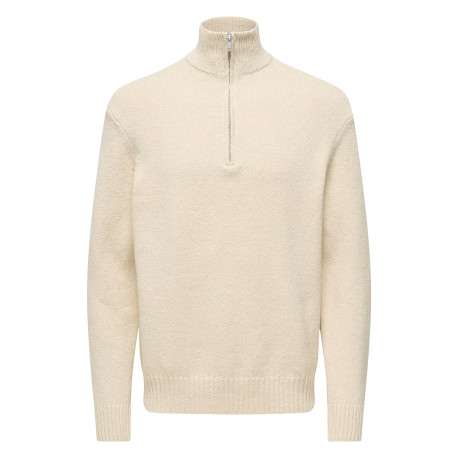 Pull en coton mélangé écru uni avec une coupe droite et un col montant