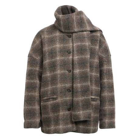 Manteau gris à carreaux pourvu d'une grande écharpe amovible