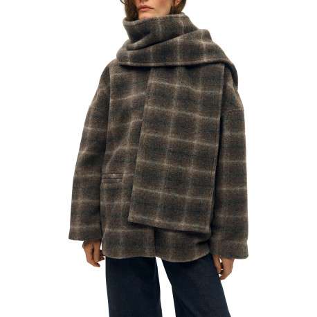 Manteau gris à carreaux pourvu d'une grande écharpe amovible - Image 4