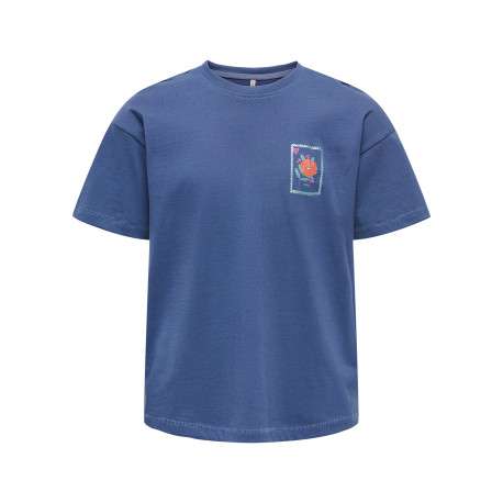 T-shirt en coton biologique indigo imprimé avec une coupe droite