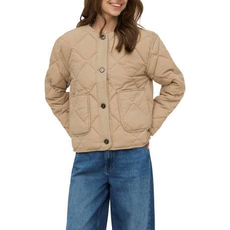 Blouson beige uni avec une coupe droite et une fermeture boutonnée - Image 3