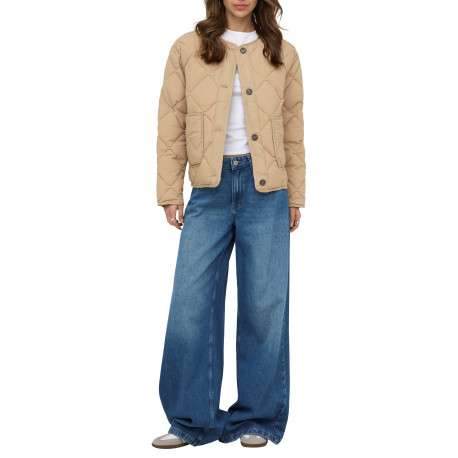 Blouson beige uni avec une coupe droite et une fermeture boutonnée - Image 5