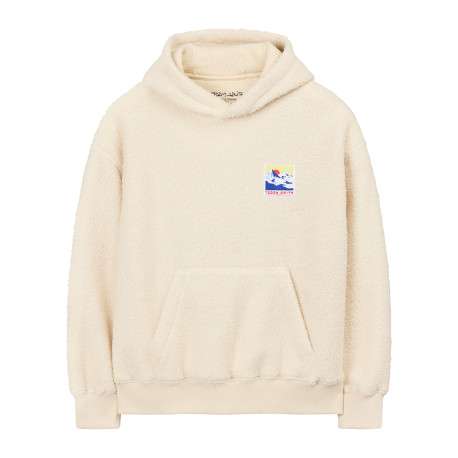 Sweat écru uni matière sherpa avec une coupe droite et un col à capuche