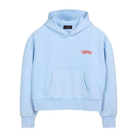 Sweat ciel brodé de motifs floraux avec une coupe droite et une capuche