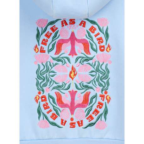 Sweat ciel brodé de motifs floraux avec une coupe droite et une capuche - Image 5