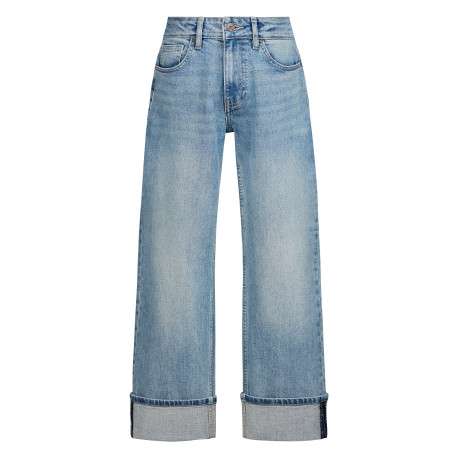 Jean bleu avec une coupe wide leg muni d'un zip et d'un bouton