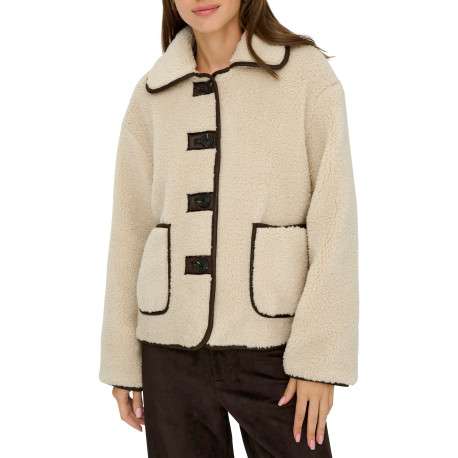 Blouson beige uni avec une coupe droite et un col à revers avec boutons - Image 3