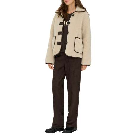 Blouson beige uni avec une coupe droite et un col à revers avec boutons - Image 5
