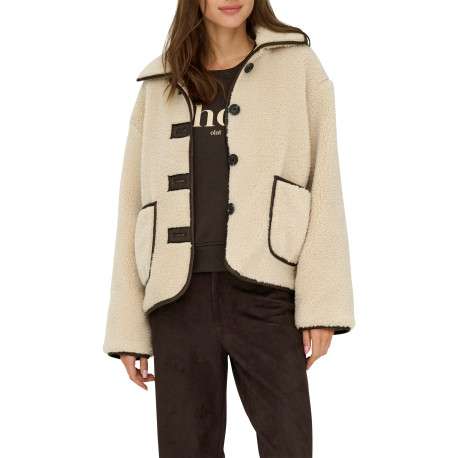 Blouson beige uni avec une coupe droite et un col à revers avec boutons - Image 6