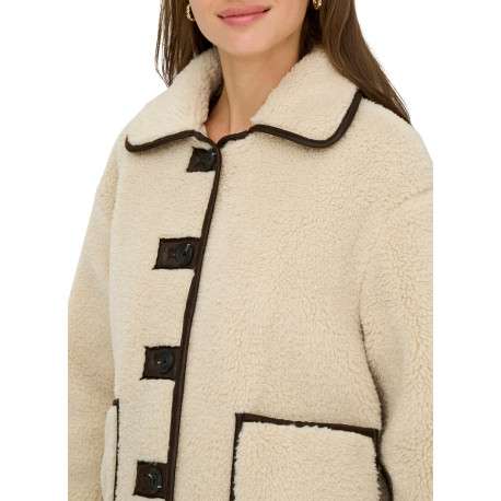 Blouson beige uni avec une coupe droite et un col à revers avec boutons - Image 7