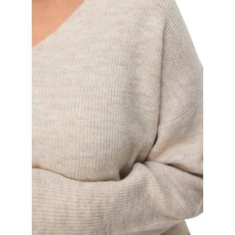 Pull écru à coupe droite pourvu d'un col v et de manches longues - Image 4