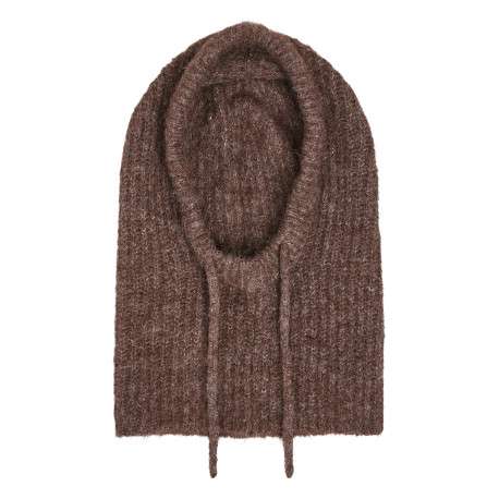 Cagoule marron en maille duveteuse pourvue d'un cordon de serrage