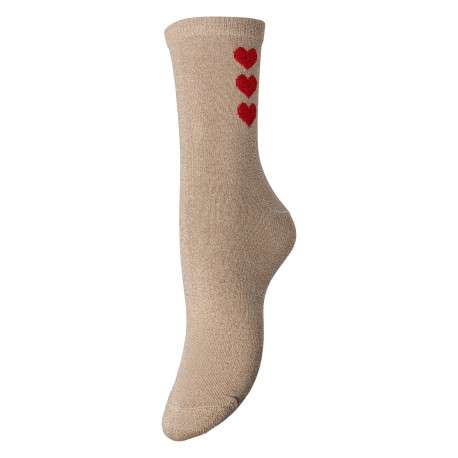 Chaussettes hautes beiges avec des motifs coeurs et fil lurex