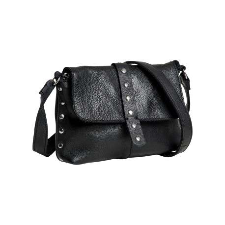 Sac à bandoulière en cuir de vache noir uni avec un rabat et un bouton-pression