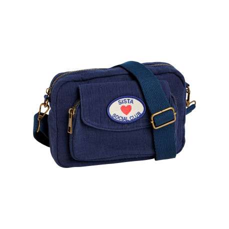 Sac à bandoulière en coton marine uni muni d'une fermeture à zip