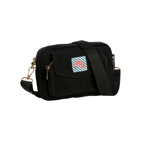 Sac à bandoulière en coton noir uni muni d'une fermture à zip