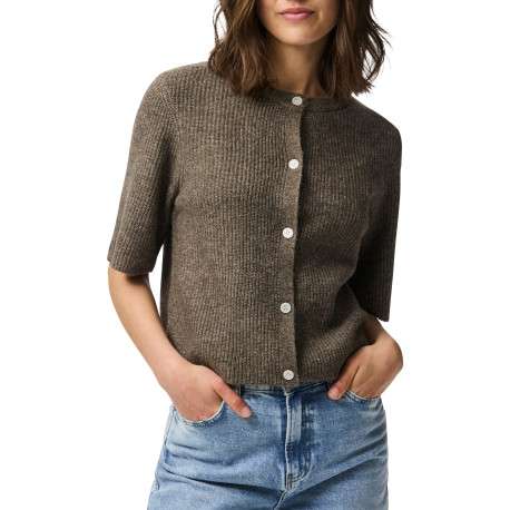 Gilet taupe uni avec une coupe droite et un col rond muni de boutons