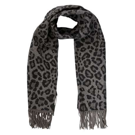 Écharpe grise à motif animalier pourvue de franges sur les bords