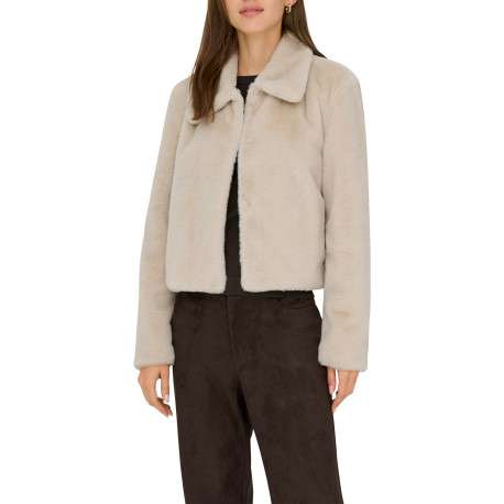 Blouson beige uni court avec une coupe droite et un col à revers - Image 3