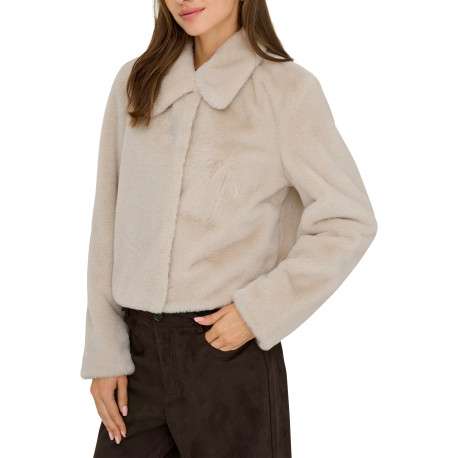 Blouson beige uni court avec une coupe droite et un col à revers - Image 6