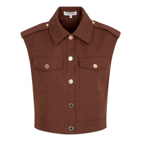 Veste marron sans manche à coupe droite pourvue d'un col à revers