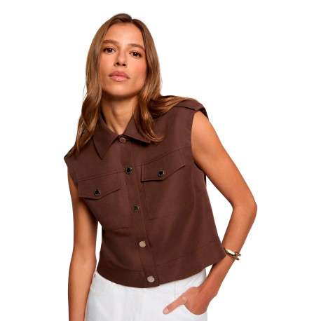 Veste marron sans manche à coupe droite pourvue d'un col à revers - Image 2