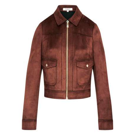 Blouson marron à coupe droite pourvu d'un col à revers et de manches longues