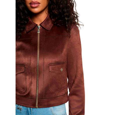 Blouson marron à coupe droite pourvu d'un col à revers et de manches longues - Image 4