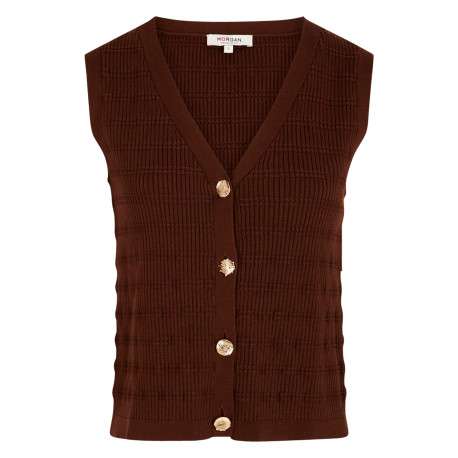 Gilet texturé marron sans manche à coupe droite pourvu d'un col v