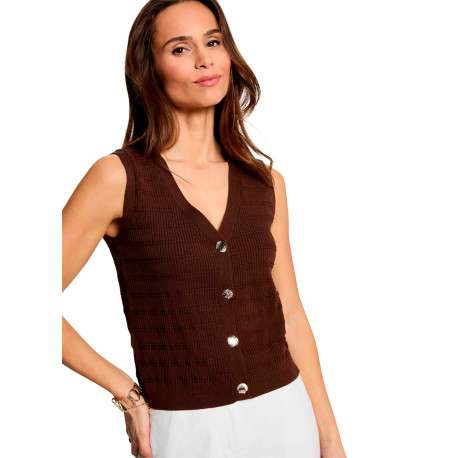 Gilet texturé marron sans manche à coupe droite pourvu d'un col v - Image 2