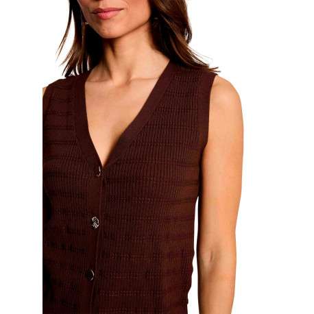 Gilet texturé marron sans manche à coupe droite pourvu d'un col v - Image 4