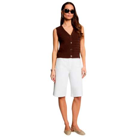 Gilet texturé marron sans manche à coupe droite pourvu d'un col v - Image 5