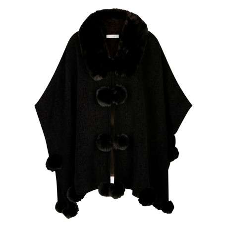 Poncho noir à coupe ample pourvu d'un col v et de liens à nouer