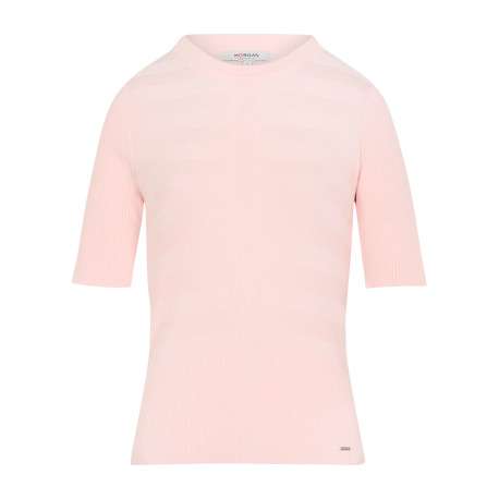 Pull rose à coupe ajustée pourvu d'un col rond et de manches courtes