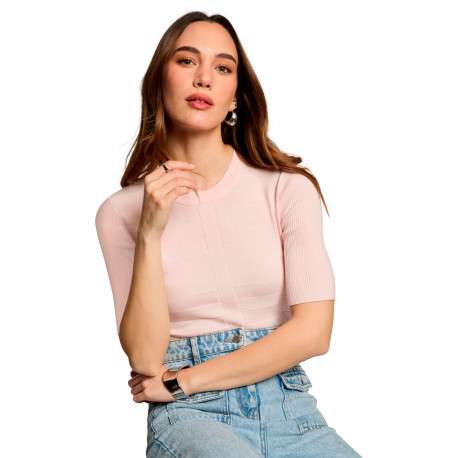 Pull rose à coupe ajustée pourvu d'un col rond et de manches courtes - Image 2