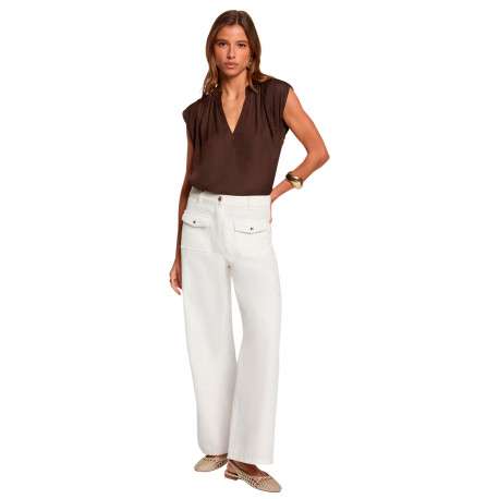 Blouse marron sans manche à coupe droite pourvu d'un col v profond - Image 5