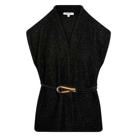 Gilet noir effet bouclettes sans manche à coupe droite pourvu d'un col châle