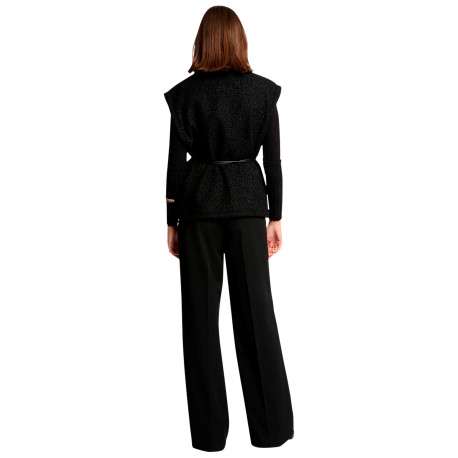 Gilet noir effet bouclettes sans manche à coupe droite pourvu d'un col châle - Image 3