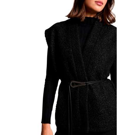 Gilet noir effet bouclettes sans manche à coupe droite pourvu d'un col châle - Image 4