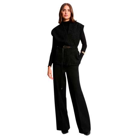 Gilet noir effet bouclettes sans manche à coupe droite pourvu d'un col châle - Image 5