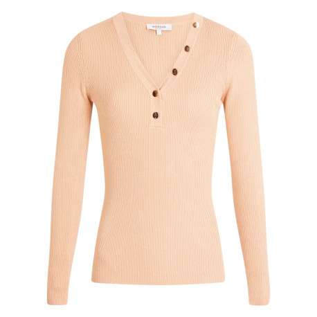 Pull beige à coupe ajustée pourvu d'un col v et de manches longues