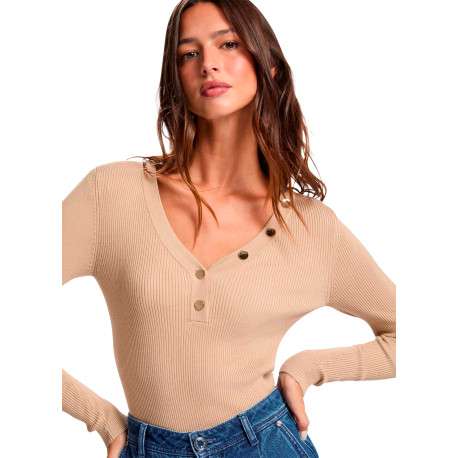 Pull beige à coupe ajustée pourvu d'un col v et de manches longues - Image 2
