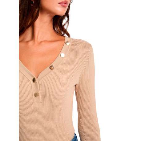 Pull beige à coupe ajustée pourvu d'un col v et de manches longues - Image 4