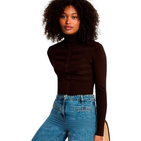 Pull marron à coupe ajustée pourvu d'un col roulé et de manches longues - Image 2
