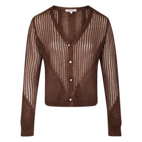 Gilet marron à coupe droite pourvu d'un col v et de manches longues