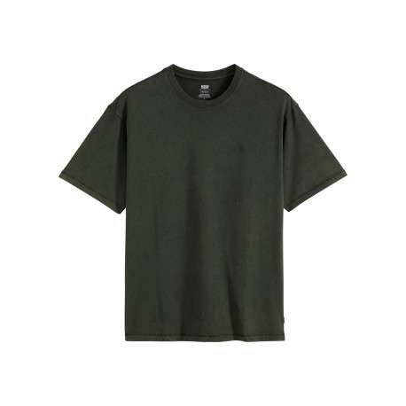 T-shirt en coton vert à coupe droite pourvu d'un col rond finition bord-côte
